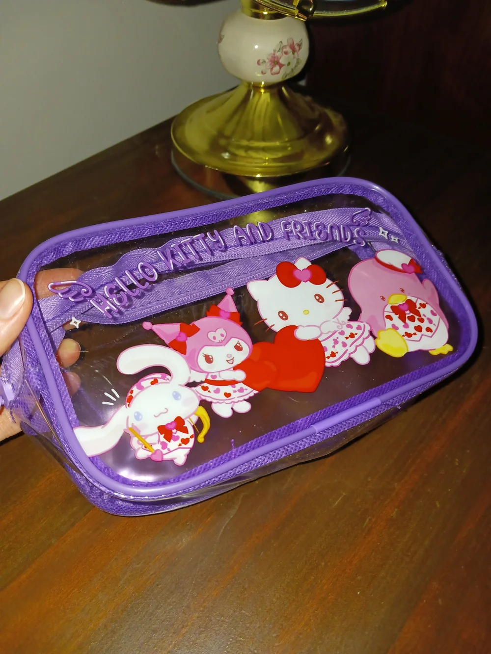 Hello Kitty And Friends Purple Clear  Cosmetic Makeup Pouch Pencil Case  Hearts